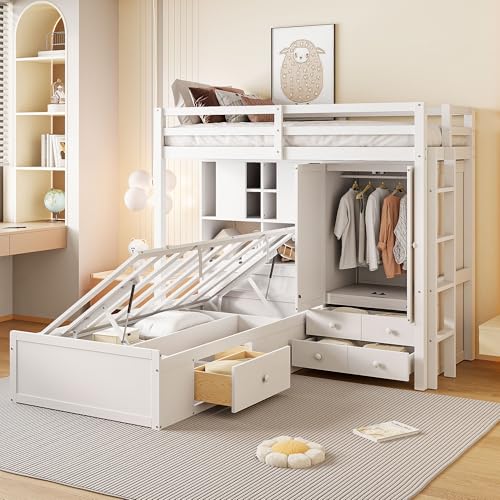 Wood Bunk Bed with Built-in Wardrobe and Hydraulic Bottom Bed Multifunctional Twin Over Twin Bunk Beds with Drawers and Shelves for Kids Bedroom