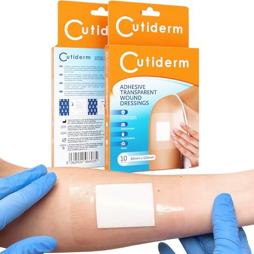 Cutiderm Adhesive Transparent Waterproof Wound Dressings 80mm x 100mm - Pack of 10 Dressings, Plasters