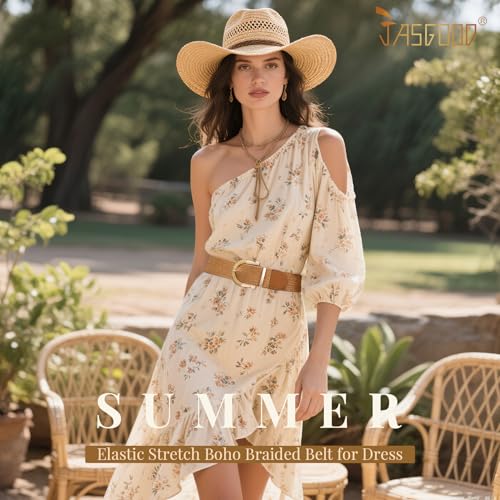 JASGOOD Straw Woven Belt for Women Dresses Boho Elastic Braided Belt Rattan Raffia Belts Ladies Wide Belt,1.97" Width2