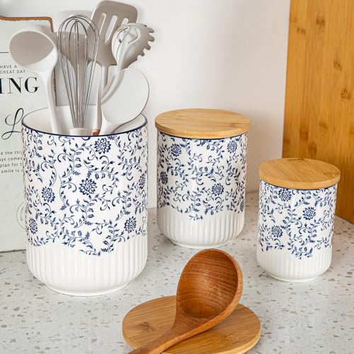 Cerkik Blue Floral Ceramic Kitchen Canisters Set