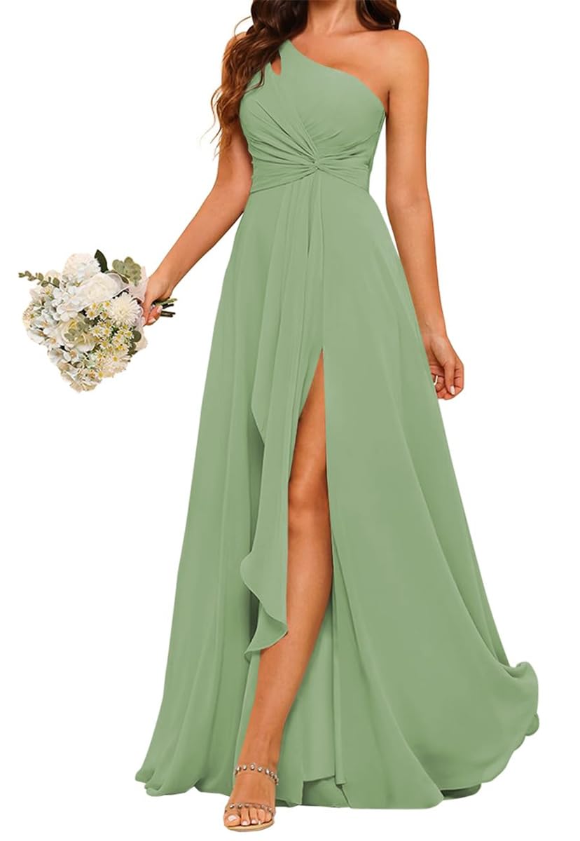 YIANN Dusty Sage One Shoulder Bridesmaid Dresses for Women with Slit Ruched Long Chiffon Formal Dress Party Gown UK12
