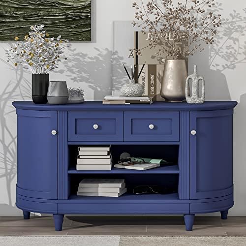 Modern TV Stand for TV up to 65in with 2 Curved Doors and 2 Drawers, Storage Cabinet Accent Buffet Sideboard with Adjustable Shelves, Multi-Functional Console Table for Living Room (Navy-Cur)