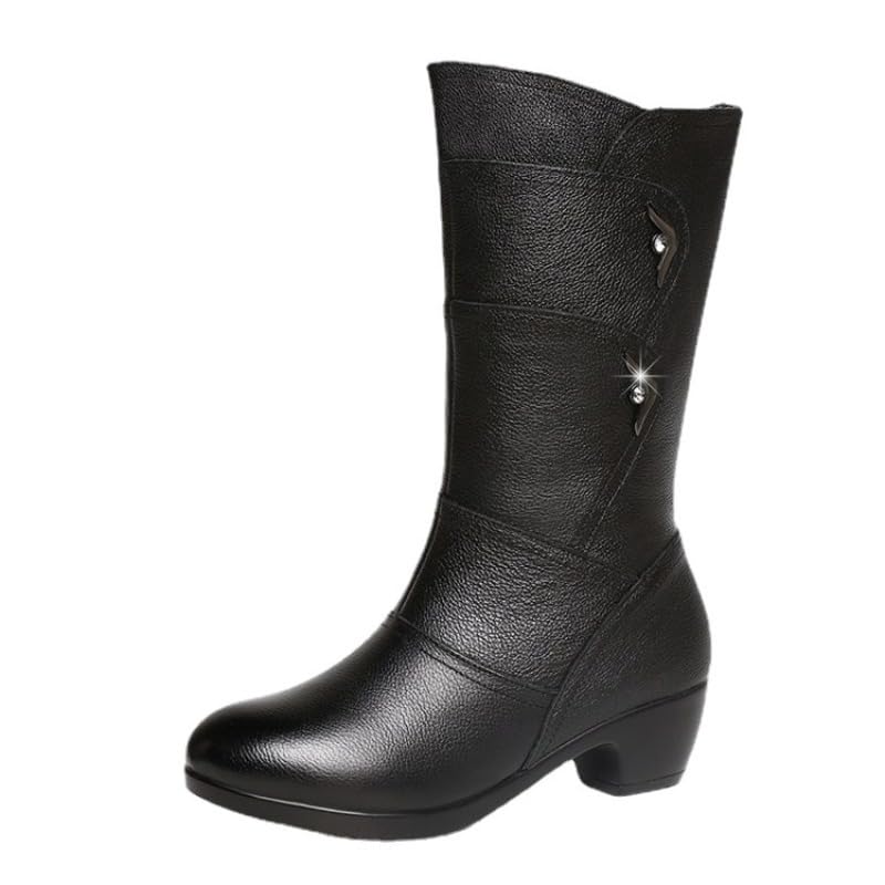 Womens Lined Warm Winter Anti Slip Zip Chunky Heel Fashion Classic Mid-calf Boots Fall and Winter Fashion Comfortable