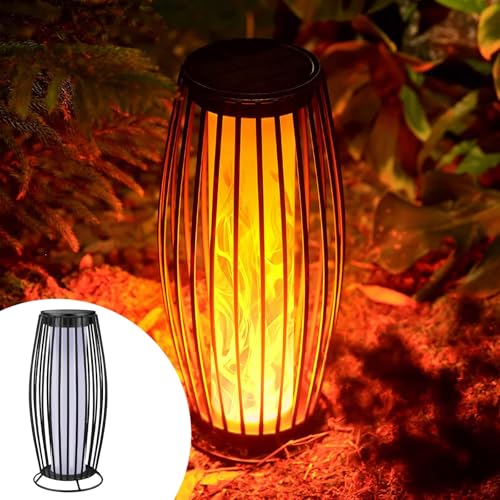 Solar Outdoor Floor Lamp with Flickering Flame Effect, Waterproof Auto On/Off Solar Lantern for Porch Garden Patio Lawn Deck Decor, Warm White LED Solar Powered Landscape Lighting (Black)