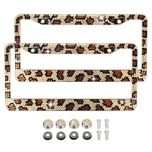 Leopard License Plate Frame 2 Pcs Stylish Handcraft Rhinestone Diamond & Aluminum Chrome Body Standard Durable Bling License Plate Frames Covers for Women 4 Crystal Caps with Screw