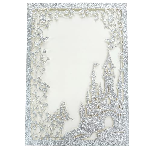 JOACHUUY 20PCS Castle Pocket Invitations, Quinceanera Invitations with Envelopes, Princess Invitation, Laser Cut quince invites (glitter silver)