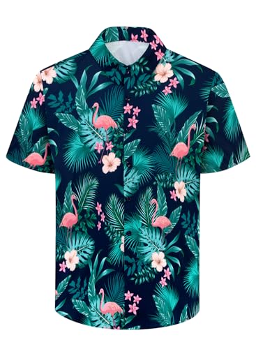 XiaoMoSha Mens Hawaiian Shirts Short Sleeve Wrinkle Free Button Down Summer Casual Shirt for Men Tropical Holiday Beach Funky Party Tops, GreenFlamingo, XXL