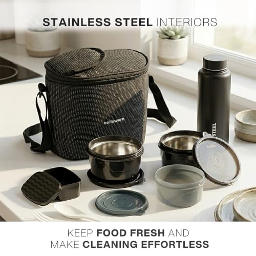 Image of CELLO Munch Mate Lunch Box with Bag for Office Use Black | 375ml x 2 Microwave Safe Containers, 300ml + 175ml Plastic Containers, 800ml Water Bottle with Fork & Spoon, Airtight Tiffin Box for Travel