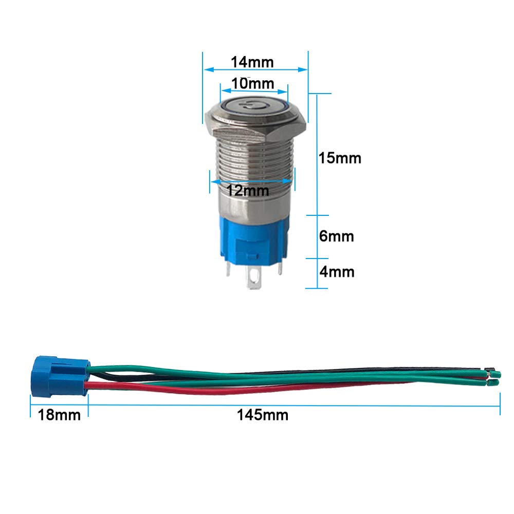 Premium 12 V/24 V 3 A samoblokujący się zatrzaskowy przełącznik przyciskowy, 12 mm wyłącznik zapłonu samochodowego, niebieskie światło LED, stal nierdzewna, wodoodporny przełącznik IP66, z