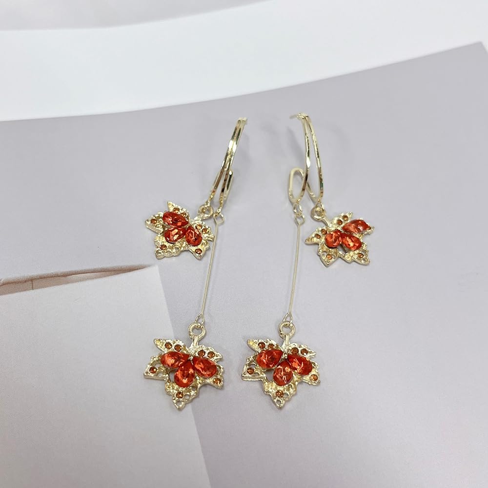 Rhinestone Orange Maple Leaf Earrings Crystal Drop Autumn Tiny Huggie Hoop Earrings Maple Leaves Dangle Earring Christmas Thanksgiving Fall Accessories for Women Perfect Jewelry Dainty Gift - Image 5