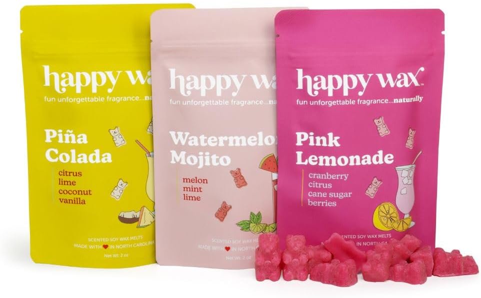 Happy Wax Cocktail Scented Natural Soy Wax Melts – 6 Oz. of Scented Wax Melts, Includes Pink Lemonade, Watermelon Mojito and Pina Colada. Made in USA