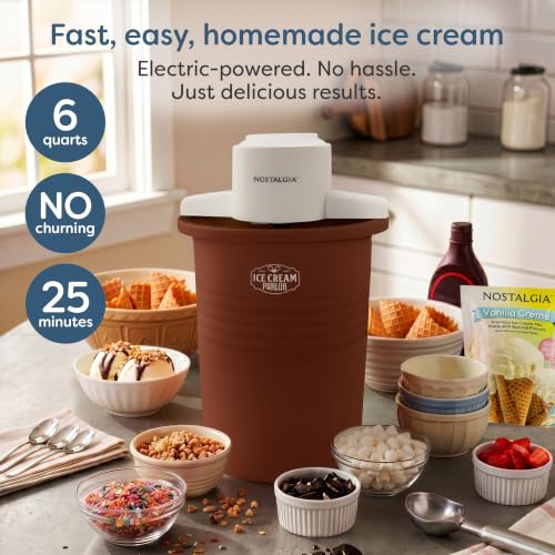 Image of Nostalgia Electric Ice Cream Maker - Parlor Style, Old Fashioned Soft Serve Ice Cream Machine Makes Frozen Yogurt or Gelato in Minutes - Fun Kitchen Appliance - White & Dark Bown - 6 Quart