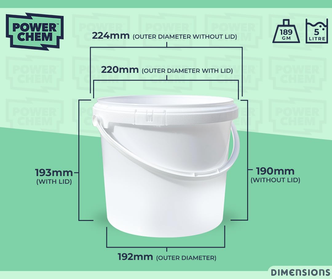 PowerChem Kunststoff-Eimer + Griff und Deckel, robust, lebensmittelecht, BPA-frei, vielseitig einsetzbar, für Fermentation, Trockenfutter, Flüssigkeiten, Chemikalien, Hydrokulturen, Weiß, 100 Stück