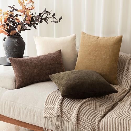 Image of Foindtower Set of 2 Soft Textured Chenille Throw Decorative Pillow Covers Square Accent Solid Cushion Cover Neutral Farmhouse Pillow Case for Couch Sofa Bedroom Living Room 18x18 Inch,Golden Brown