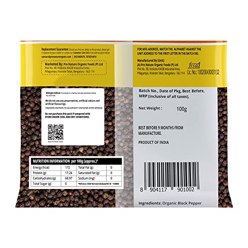 Image of Pro Nature 100% Organic Black Pepper (Whole), 100 gram