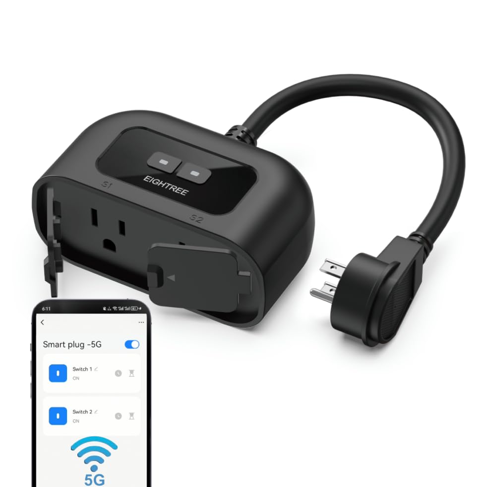 Image of EIGHTREE 5GHz Outdoor Smart Plug Waterproof IP44, WiFi Smart Outlet Plug with 2 Independently Controlled Outlets, Compatible with Alexa & Google Assistant, Voice&Remote Control, Timer&Schedule, 1 Pack