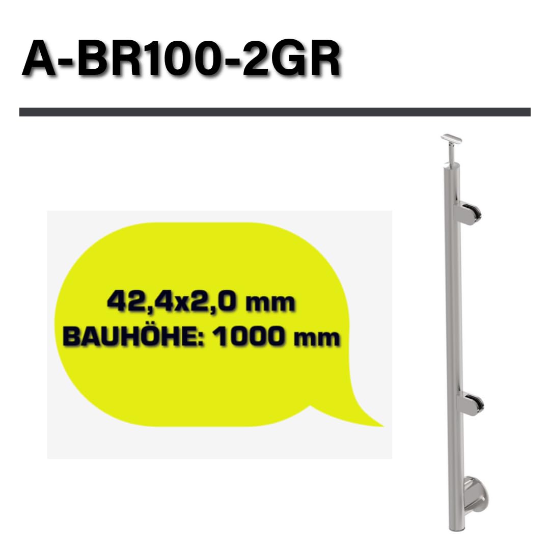 Sellon24® Postes de acero inoxidable para barandilla derecha, diámetro 42,4, altura de 1000 mm, con 2 abrazaderas de cristal de 63 x 45 mm, V2A (A-BR100-2GR) (grosor del cristal: 10,0 mm)