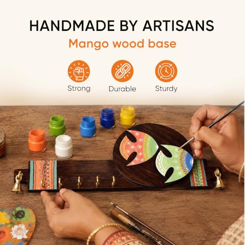 Image of AAKRITI ART CREATIONS Key Holder, Handcrafted Madhubani Fish Key Hanger | Rustic Wood Wall Organizer with 5 Hooks | New Home Gifts | Multifunctional Entryway Decor Item
