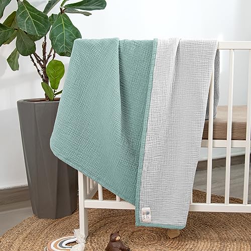 Image of lulumoon Muslin Baby Blanket Neutral: Cotton Toddler Blanket for Daycare Soft Reversible Crib Bedding - Lightweight 4-Layer Muslin for Stroller, Tummy Time & Travel, 47 inchx47 inch(Sage) | Soft Reversible Crib Bedding for Baby - Lightweight 4-Layer Muslin for Stroller, Tummy Time & Travel, 47 inchx47 inch(Sage)