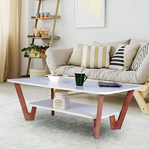 Image of Wooden Coffee Table with Solid Wood Legs, Engineered Wood Center Table for Living Room, Frosty White Finish
