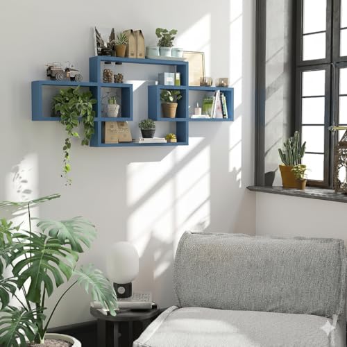 Image of Wooden Wall Shelves for Living Room, Bedroom Wall Mounted Rectangle Bookcase, Intersecting Wall Shelves for Storage Modern Decorative Display Shelves for Wall Decor (Blue)