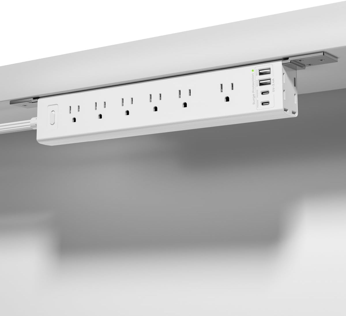 360° Mountable Surge Protector Power Strip with 4 USB Ports (2 USB C), 6 FT Electrical Outlet & Flat Plug Extension Cord for Under Desk, Wall, or Corner Mount (White)