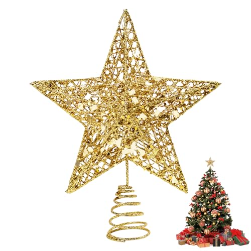 KEYIDO Small Star Mini Tree Topper Gold Star for Christmas Tree Metal Xmas Stars Toppers for Top of Tree Ideas Ornament Glitter Decor on Tree 15 * 12 cm