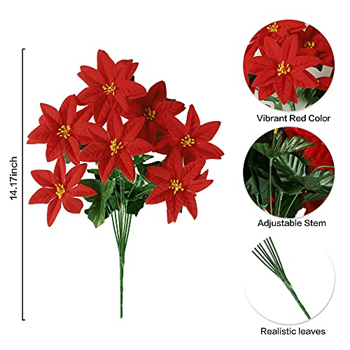 Sggvecsy Artificial Poinsettia Bouquet 7 Heads 5 Pack 15’’ Velvet Poinsettia Bush Christmas Flowers For Home Porch Garden Indoor Outdoor Xmas Decorations (Red) #TOP4
