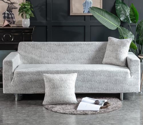 HomeFirst ソファーカバー 3人掛け 肘付き 無地 クッションカバー2枚付 北欧風 ストレッチ フィットタイプ 伸縮素材 柔らかい 滑り止め キズ防止 犬 猫 傷 防止 四季適用 超便利 (ホワイト・ グレー)