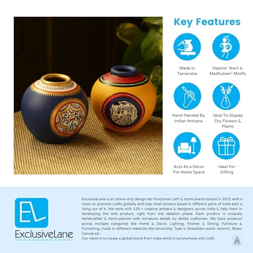 Image of ExclusiveLane Madhubani & Warli Terracotta Vases for Home Decor Flower Vase for Living Room (Set of 2, Blue, Yellow) | Terracotta Flower Vases for Home Decoration Items Vases for Dining Table