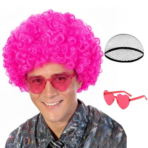 Image of FREE BEAUTY Hot Pink Afro Wig with Heart Sunglasses for Women Men, Colored Short Fluffy Curly Funny Party Afro Wigs 70s 80s Disco Hair for Disco Halloween Cosplay Costume Party Music Festival