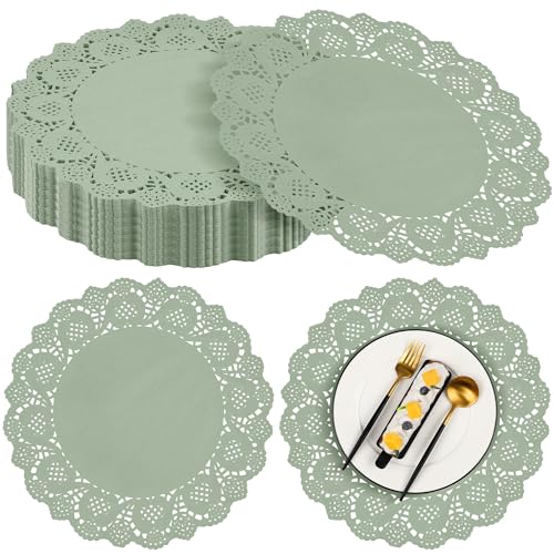 MCEAST 100 Pack Round Sage Green Paper Doilies 13.5 Inches Lace Paper Place Mats Rustic Scallop Doily Disposable Table Pads for Food Cakes Crafts Party Weddings Tableware Decor