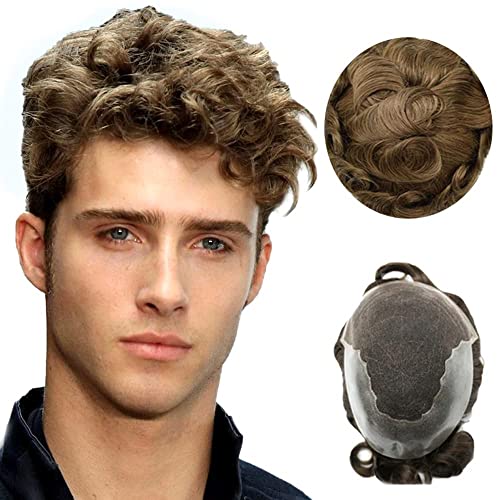 Toupee for Men Hair Replacement Systems Swiss Lace Front Mens Toupee Bleached Knot Natural Human Hair Piece (620# Light Brown with 20% Synthetic Grey, 7x9-90% Light Density)