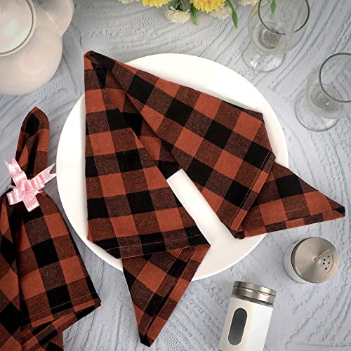 Image of FINGERCRAFT Gingham Check Cloth Napkins 100% Cotton Fabric, Set of 12, 20x20 Inches Table Napkins Good Absorbency, Washable and Reusable Best for Farmhouse, Kitchen, Hotels (Rust Black Check)