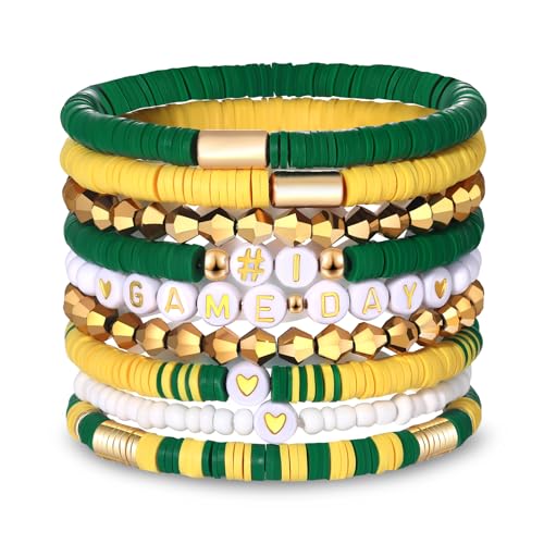 9 Pack Game Day Bracelets for Women Stackable Heishi Beaded Stretch Bracelet Football Sport Fan Bracelet Sports Game Team Jewelry Accessories Gifts