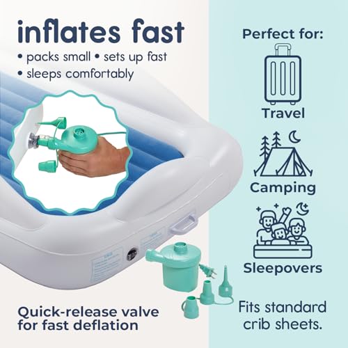 Image of Hiccapop Inflatable Toddler Travel Bed with Safety Bumpers | Portable Blow Up Mattress for Kids with Built in Bed Rail (Dark Blue)
