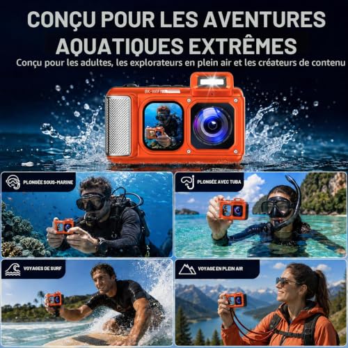 Maxmango V08 Pro 49FT Appareil Photo Etanche Numérique - 8K 90MP WiFi Camera Etanche，Écran Tactile de 2,8 Pouces, Résistant à la Poussière et Aux Chocs, Adapté à la Plongée en Apnée, Orange – vue 8