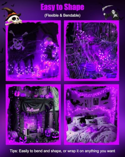 Image of Brightown Halloween Fairy Lights Battery Operated,10 Feet 120LED Firecracker String Lights Waterproof Silver Wire Firefly Light for Bedroom Home Haunted House Indoor Outdoor Holiday Decorations,Purple