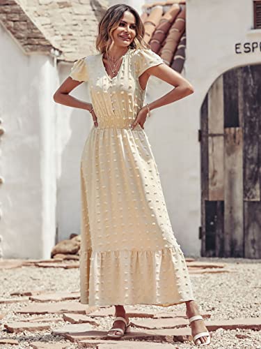 Image of PRETTYGARDEN Womens Dresses 2026 Summer Maxi Dress Boho Short Sleeve V Neck Swiss Dot Ruffle Tiered Smocked Flowy Long Dress