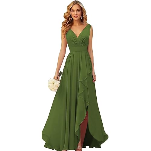 TORYEMY Chiffon Bridesmaid Dresses Long V Neck with Slit Ruffle Pleated Empire Waist Formal Dresses for Wedding