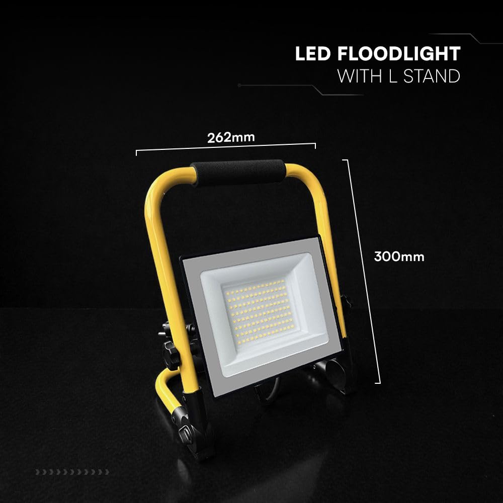 V-TAC Faretto LED da Cantiere 50W - [ CHIP CREE LED - ALTE PERFORMANCE ] - 4270 Lumen - Impermeabile IP65 - Faro Led da Esterno per Lavori e Garage - Cavo 3M - Staffa Piehevole - Luce Naturale 4000K
