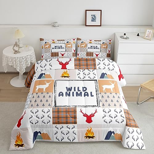 Deer Hunting Comforter Set Twin Size, Wildlife Wild Animal Antler Bedding Set Rustic Farmhouse Patchwork Duvet Insert For Kids Boys Teens Adult Bedroom Decor, Cabin Camping Decor Down Comforter