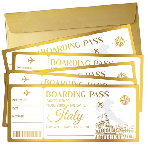 5 Set Italy Boarding Pass with Gold Envelopes, 3'' x 8'' Surprise Holiday Golden Ticket, Vacation Ticket Gift, Surprise Gift Idea for Birthday Christmas Anniversary Valentine's, Party Supply-A24