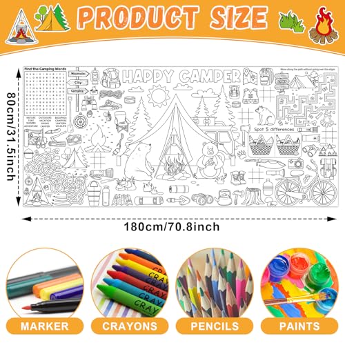 Image of Naozinebi Camping Giant Coloring Poster for Kids Camper Summer Large Coloring Tablecloth Big Paper Sheets Page Camp Table Cloth DIY Activity Game Art Crafts Mat Wall Home Party Decoration Supplies