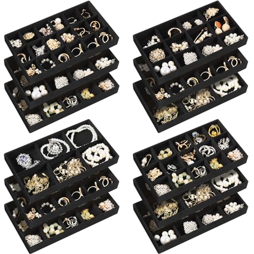 Junkin 12 Pcs Jewelry Tray Velvet Stackable Jewelry Organizer Trays Divided Earring Accessories Storage Containers Box (Rose Red)