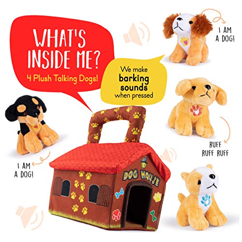 Plush Creations PC-180 Talking Plush Dog House Carrier With 4 Soft & Cuddly, Talking & Barking, Stuffed Plush Dogs. Excellent Interactive And Educational Plush Toy Set. Great Gift thumb #1