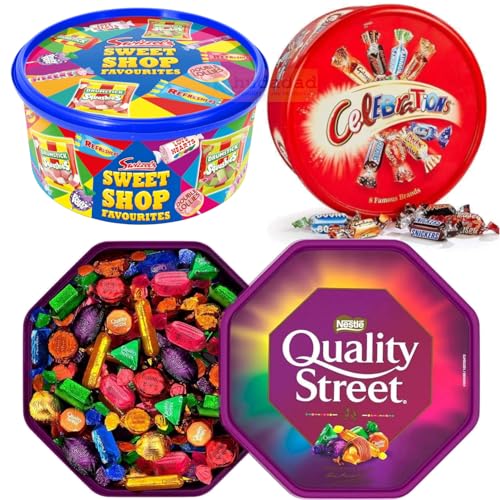 3 x Chocolate Tubs ASSORTED PACK 1 Each of Sweet Shop, Celebrations, Quality Street, Chocolate Sharing Tub Perfect For Any Festive Occasion, Christmas Day, Easter, Mother Day, Earth Day