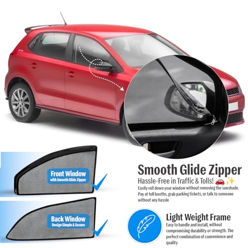 Image of Autofact Magnetic Car Sunshades Compatible with Volkswagen Polo (Set of 4) - Easy Installation, UV Protection, Keeps Car Cool (Front 2 with Zippers for Easy Access, Rear 2 Without Zippers)