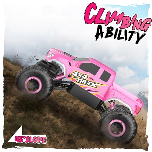 Image of Double E Pink Monster Truck Remote Control Car for Girls | Cool 4WD RC Truck Toy with Off-Road Tires, Fun Outdoor Gift for Kids Ages 6-12
