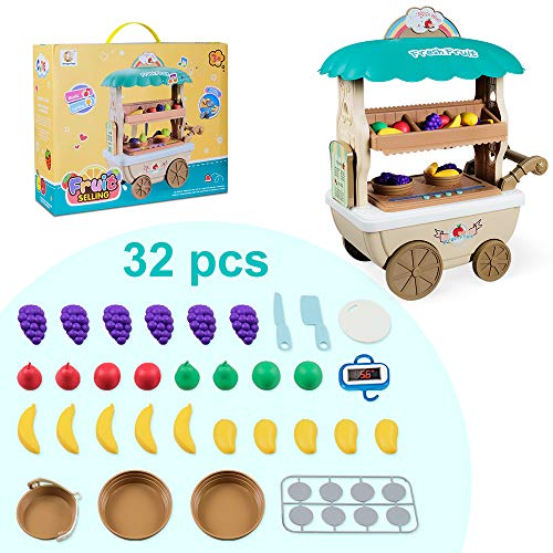 Pretend Play Toy Fruit Set for Kids Toy Mobile Fruit Selling Vehicle, Fruit Show Shelf Pretend Toy with Light & Music, Early Education Enlightenment for Boys Girls - Thumbnail 7